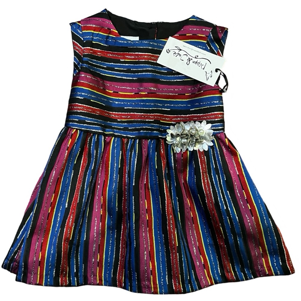NWT Pippa Julie‎ Striped Dress Girls 18M Metallic Accent Flower Detail